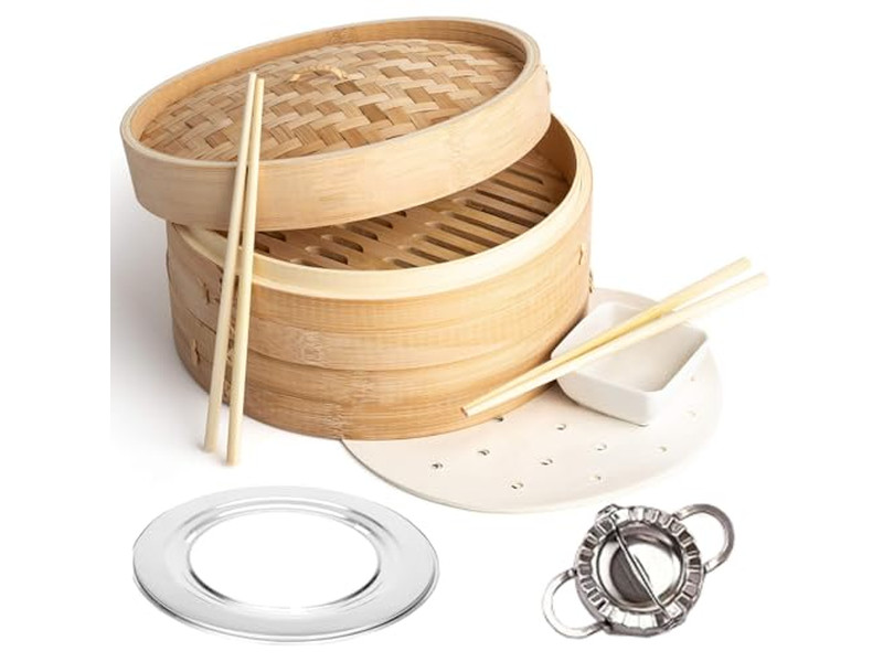Holzset Brötchen Essen 8 Teigtaschen Bambus-Dämpfkorb